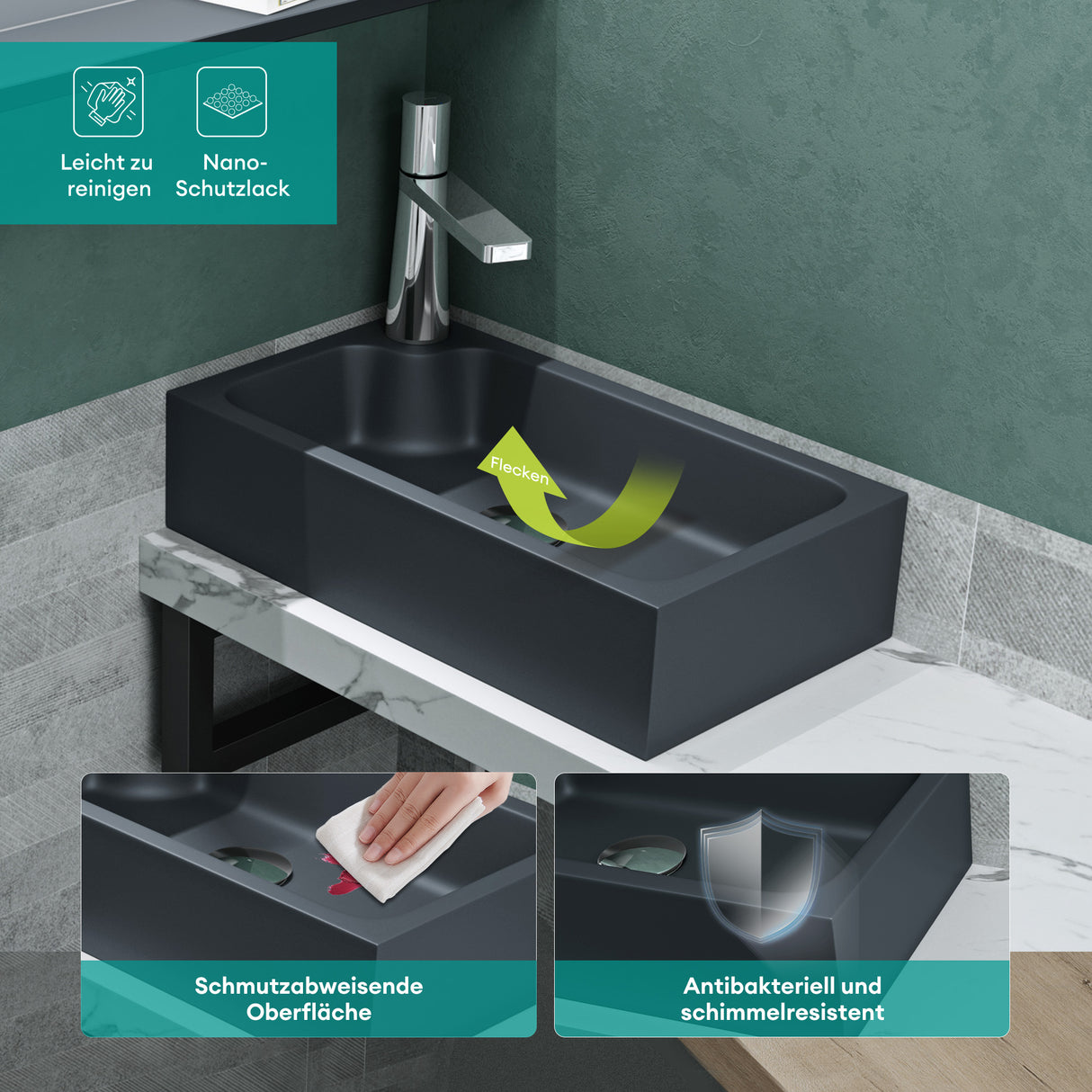 glasvilla Waschbecken Gäste WC Aufsatzwaschbecken mit Hahnloch 46x26x11cm Mineralguss Eckig Klein Waschschale Waschplatz Col101