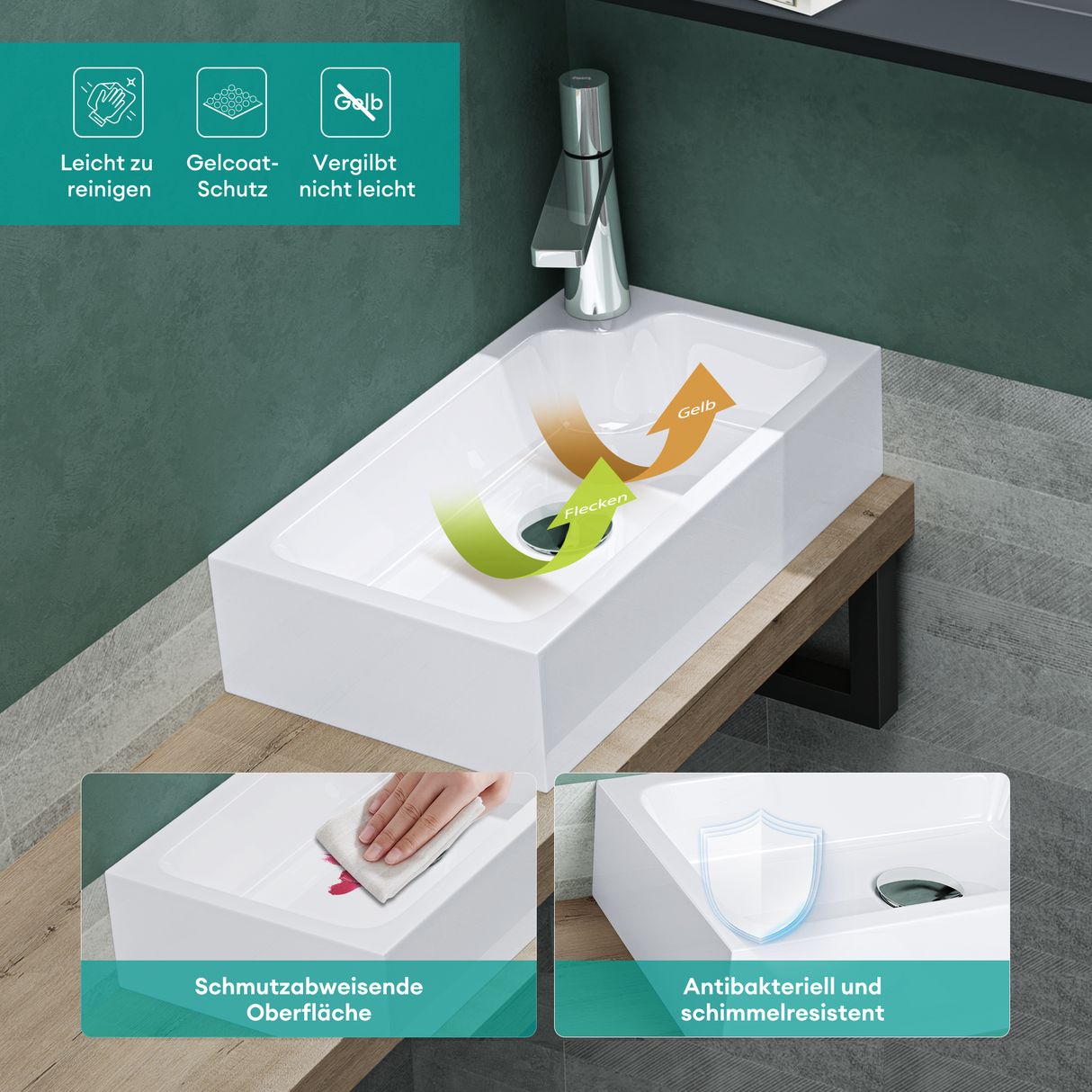 glasvilla Waschbecken Gäste WC Aufsatzwaschbecken mit Hahnloch 46x26x11cm Mineralguss Eckig Klein Waschschale Waschplatz Col101