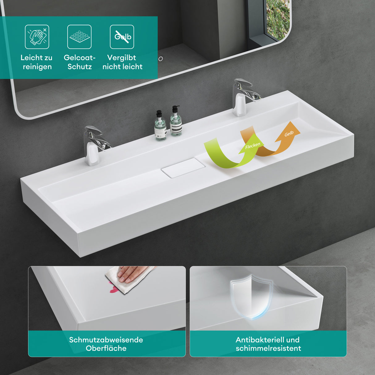 glasvilla Waschbecken Aufsatzwaschbecken Hängewaschbecken Hängewaschtisch inkl. Ablaufgarnitur Mineralguss Rechteckig Waschplatz col19