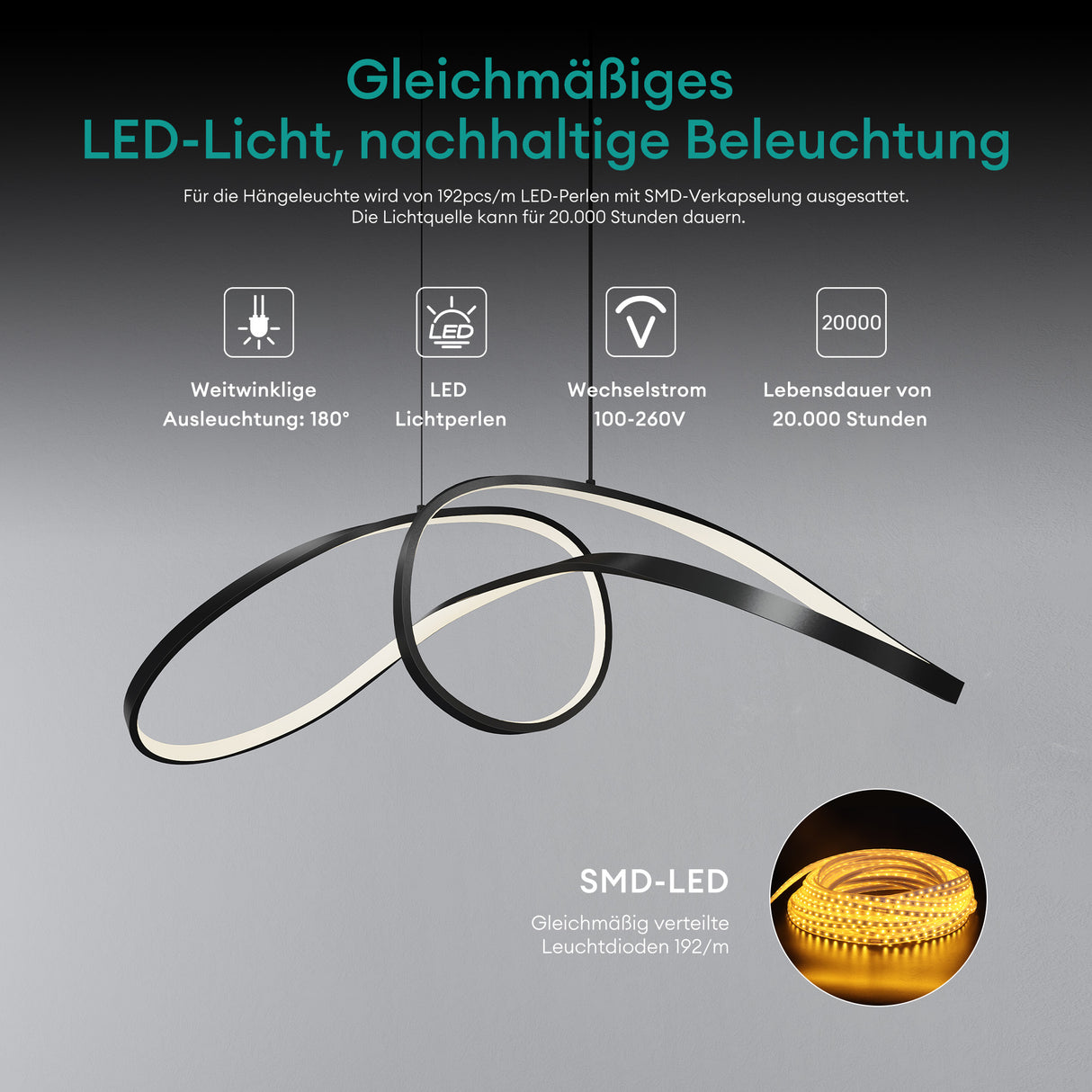 glasvilla Pendelleuchte 90cm LED Hängelampe Dynamisches Wellendesign 3000K/4000K/6000K Verstellbares Kabel 30W Schwarz Hängeleuchte für Esszimmer Wohnzimmer Schlafzimmer