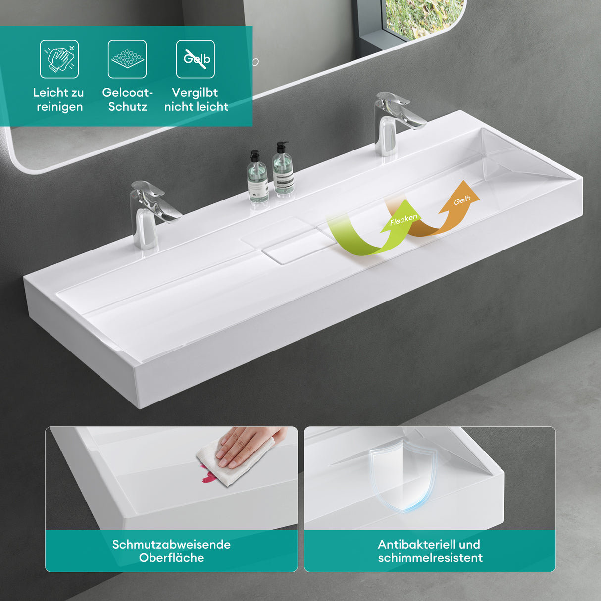 glasvilla Waschbecken Aufsatzwaschbecken Hängewaschbecken Hängewaschtisch inkl. Ablaufgarnitur Mineralguss Rechteckig Waschplatz col19