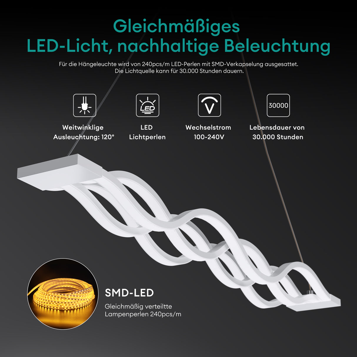 glasvilla Pendelleuchte 106cm LED Hängelampe Dimmbar mit Fernbedienung 3000K/4000K/6000K Verstellbares Kabel 60W Weiß Hängeleuchte für Esszimmer Wohnzimmer Schlafzimmer