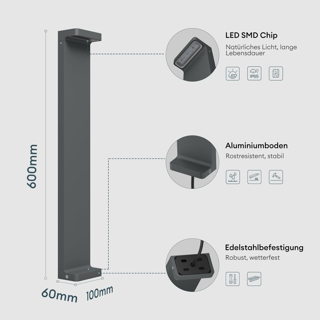 glasvilla Außenleuchte 10x6x60cm IP65 Wegeleuchte Außen | Pollerleuchte für Garten, 3000K Stehlampe Gartenlampe | Außenlampe Standleuchte 6W LumaTorch