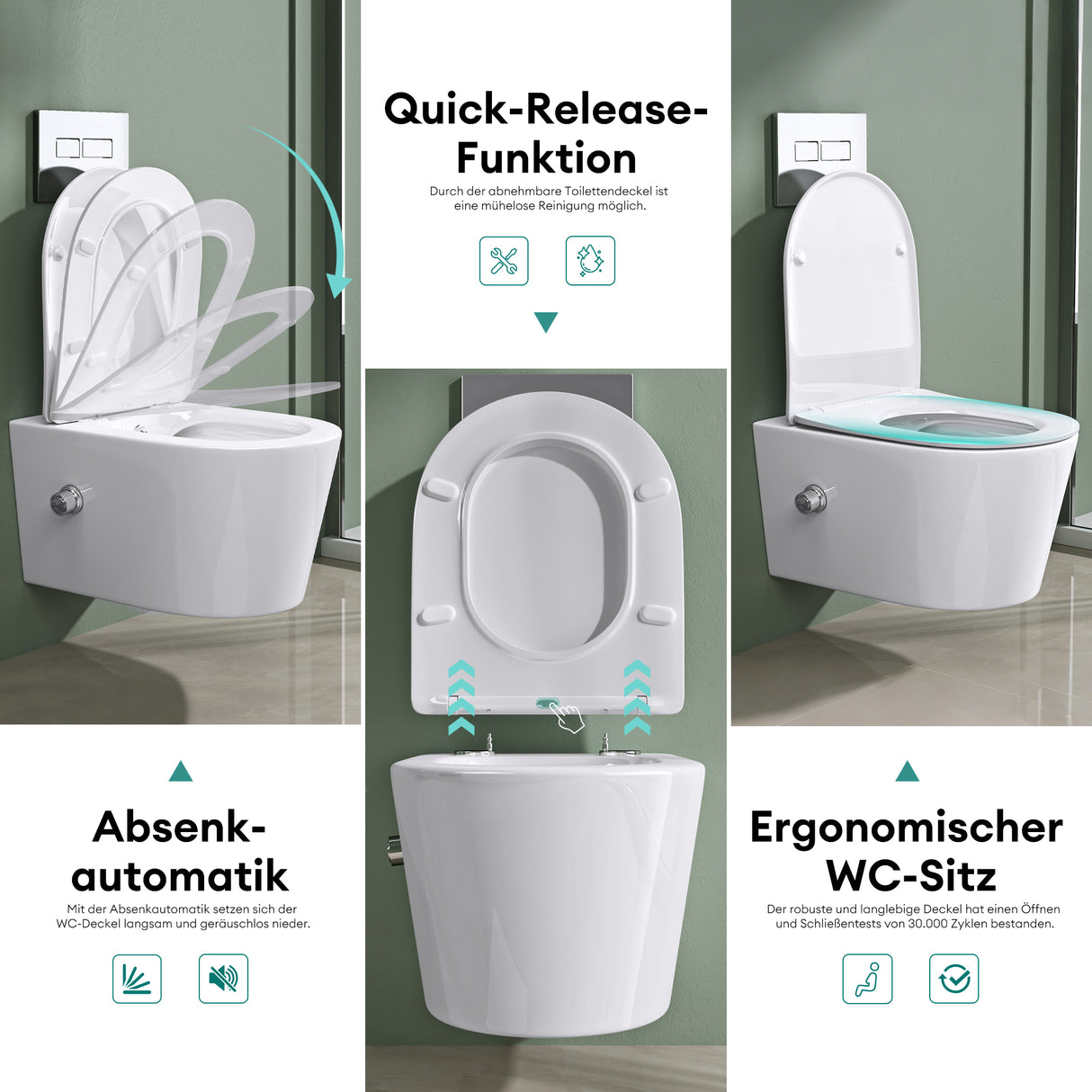 glasvilla Hänge WC Toilette Wand-WC Spülrandlos Weiß aus Keramik Wandmontage mit Absenkautomatik