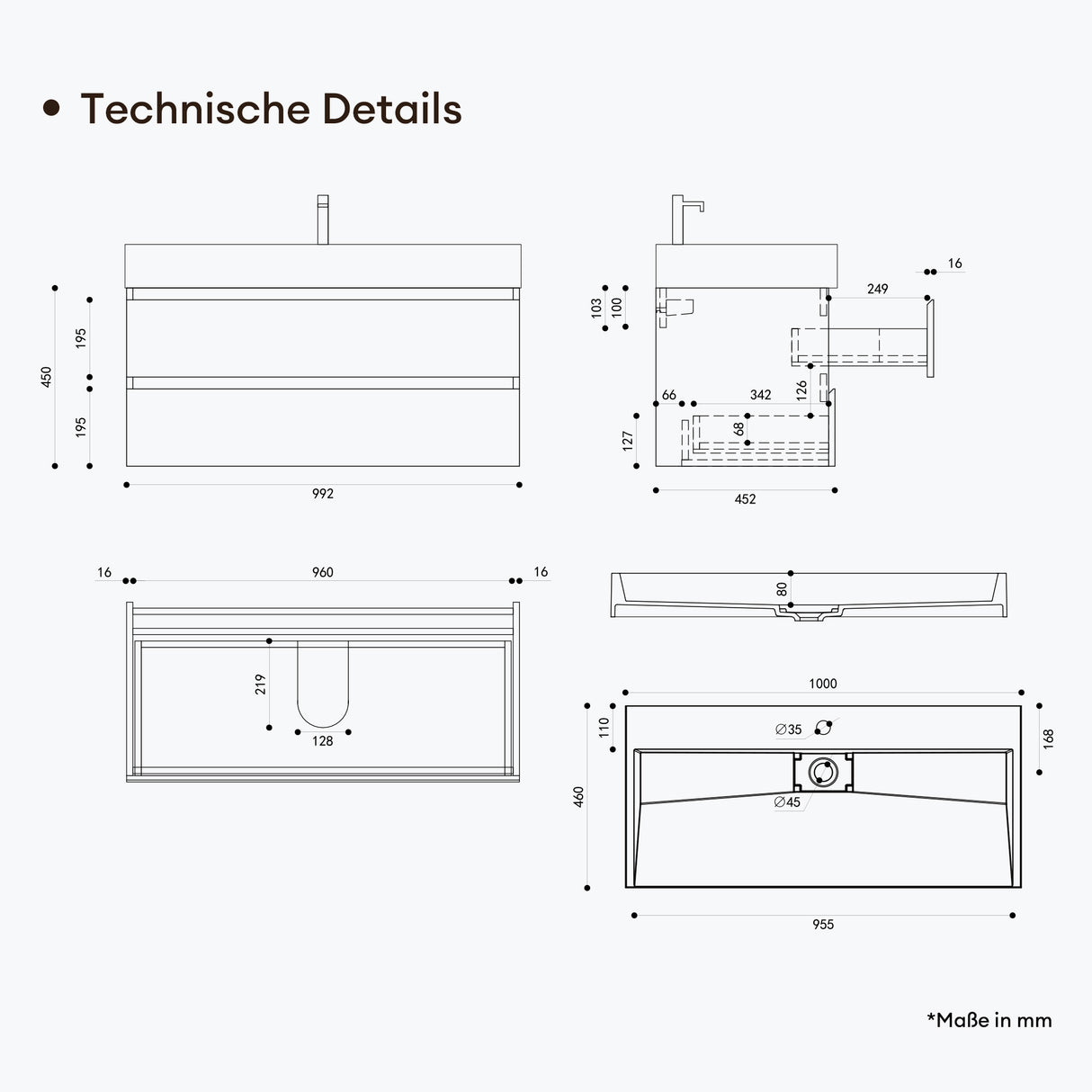 glasvilla Badmöbel-Set Waschbeckenunterschrank Verona mit 2-Schubladen inkl. Waschbecken und Ablaufgarnitur