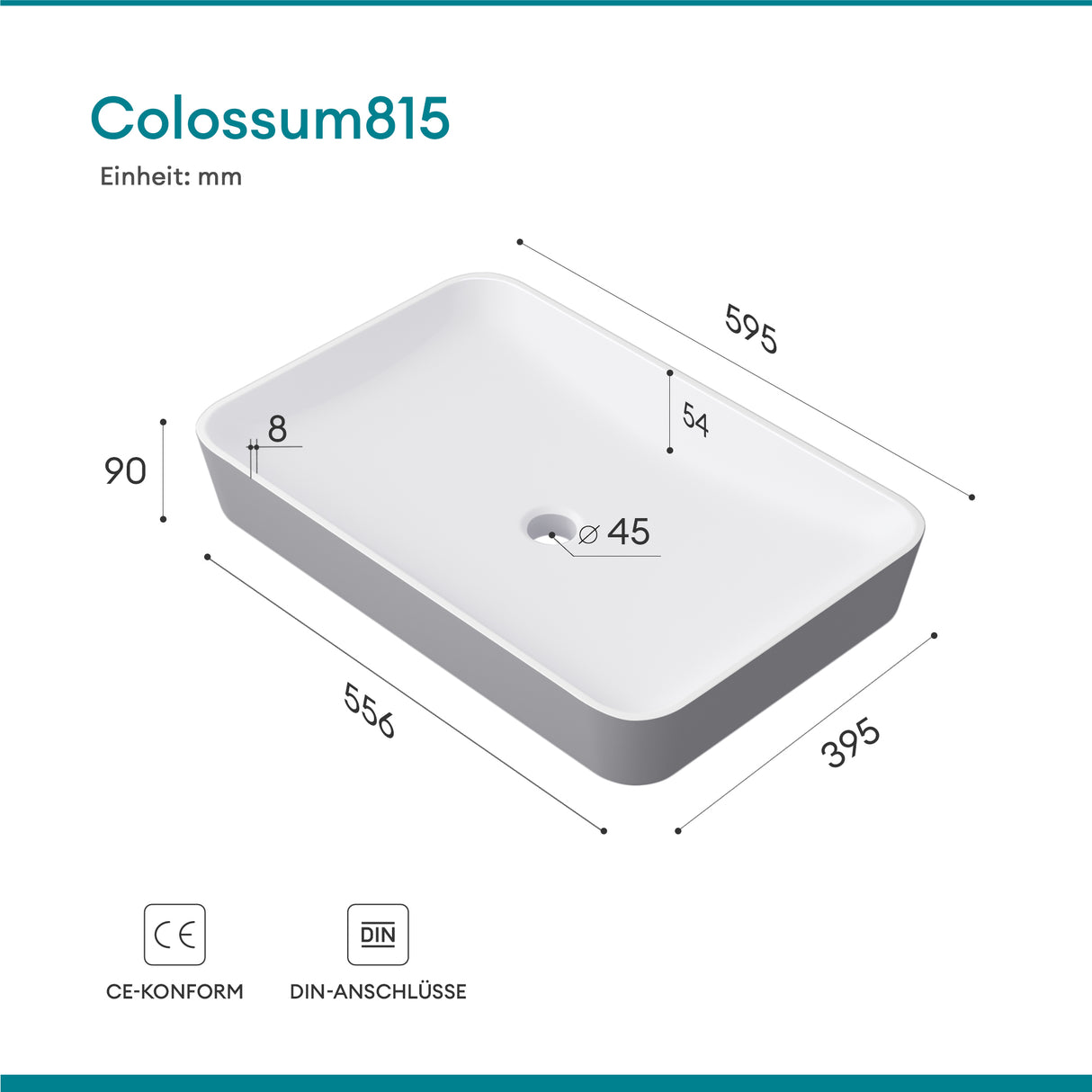 glasvilla Waschbecken Aufsatzwaschbecken aus Mineralguss Waschschale Waschtisch inkl. Standard DIN-Anschlüsse Col815