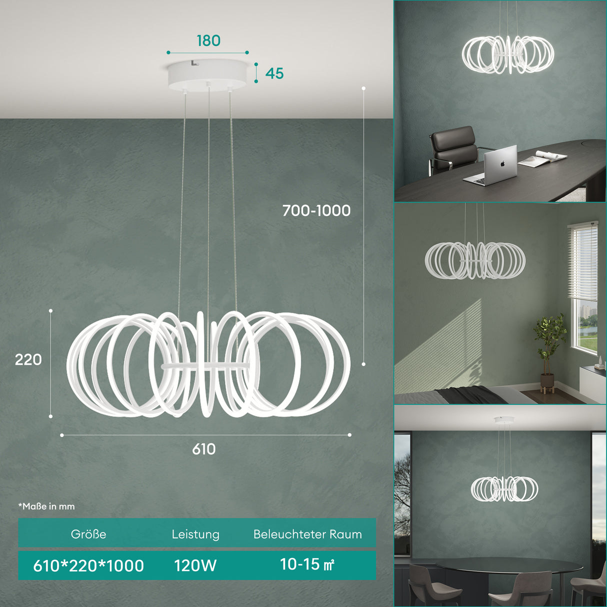 glasvilla Pendelleuchte Esstisch, 61cm LED Moderne Hängelampe Sandweiß, stufenlos dimmbar 3000K–6000K, höhenverstellbare Design 120W Esstischlampe mit Fernbedienung & Wandschalter Nuvora05