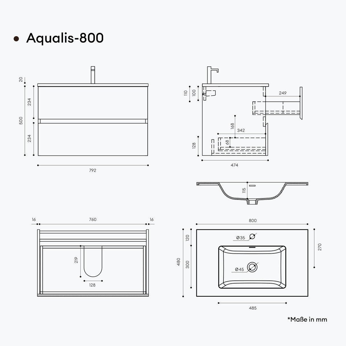 glasvilla Badmöbel-Set Waschtisch mit Unterschrank Mineralguss Waschbecken in Anthrazit Waschbeckenunterschrank  2-Schubladen Soft-Close Aqualis