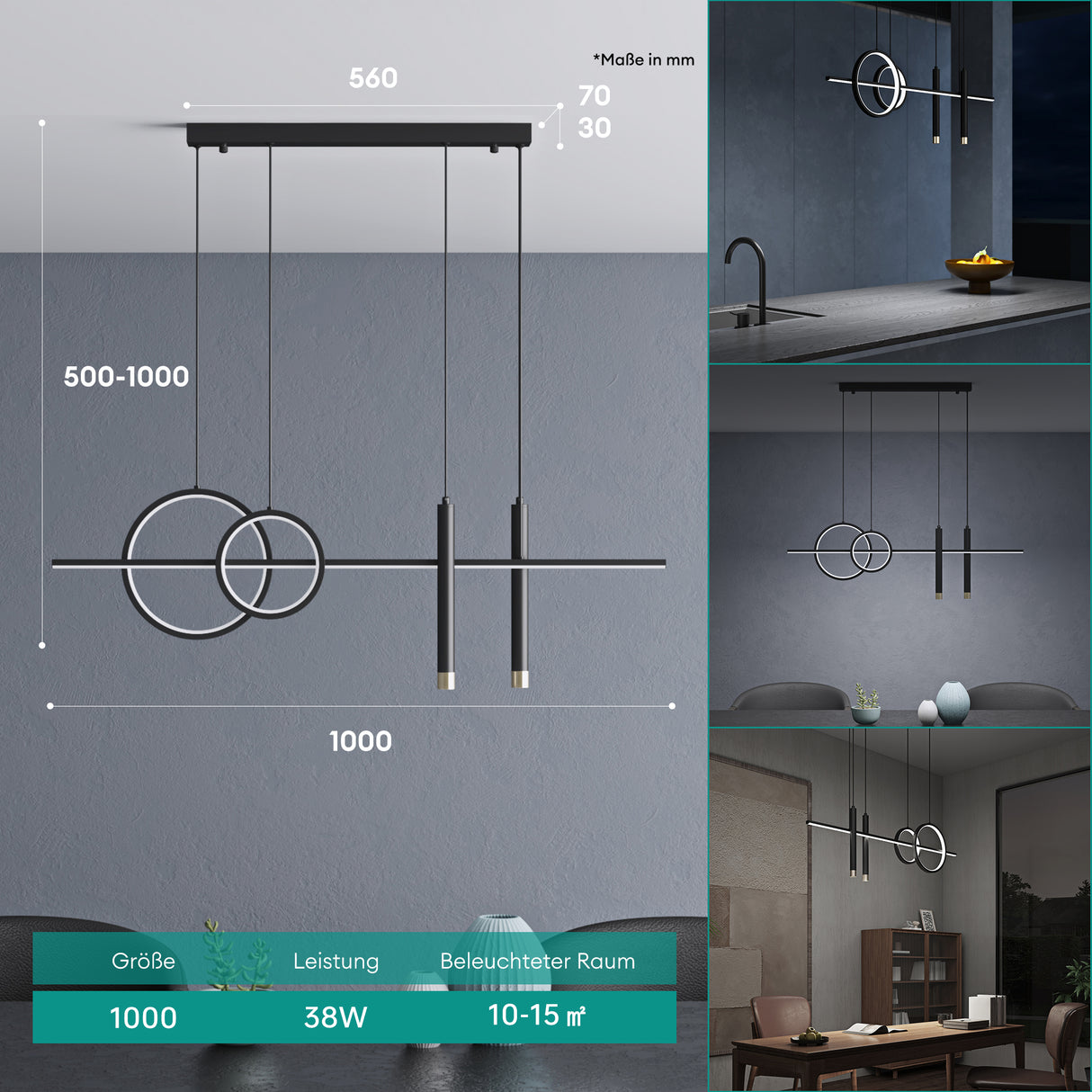 glasvilla Pendelleuchte 100cm LED Hängelampe Linear design 3000K/4000K/6000K Verstellbares Kabel 38W Hängeleuchte für Esszimmer Wohnzimmer Schlafzimmer