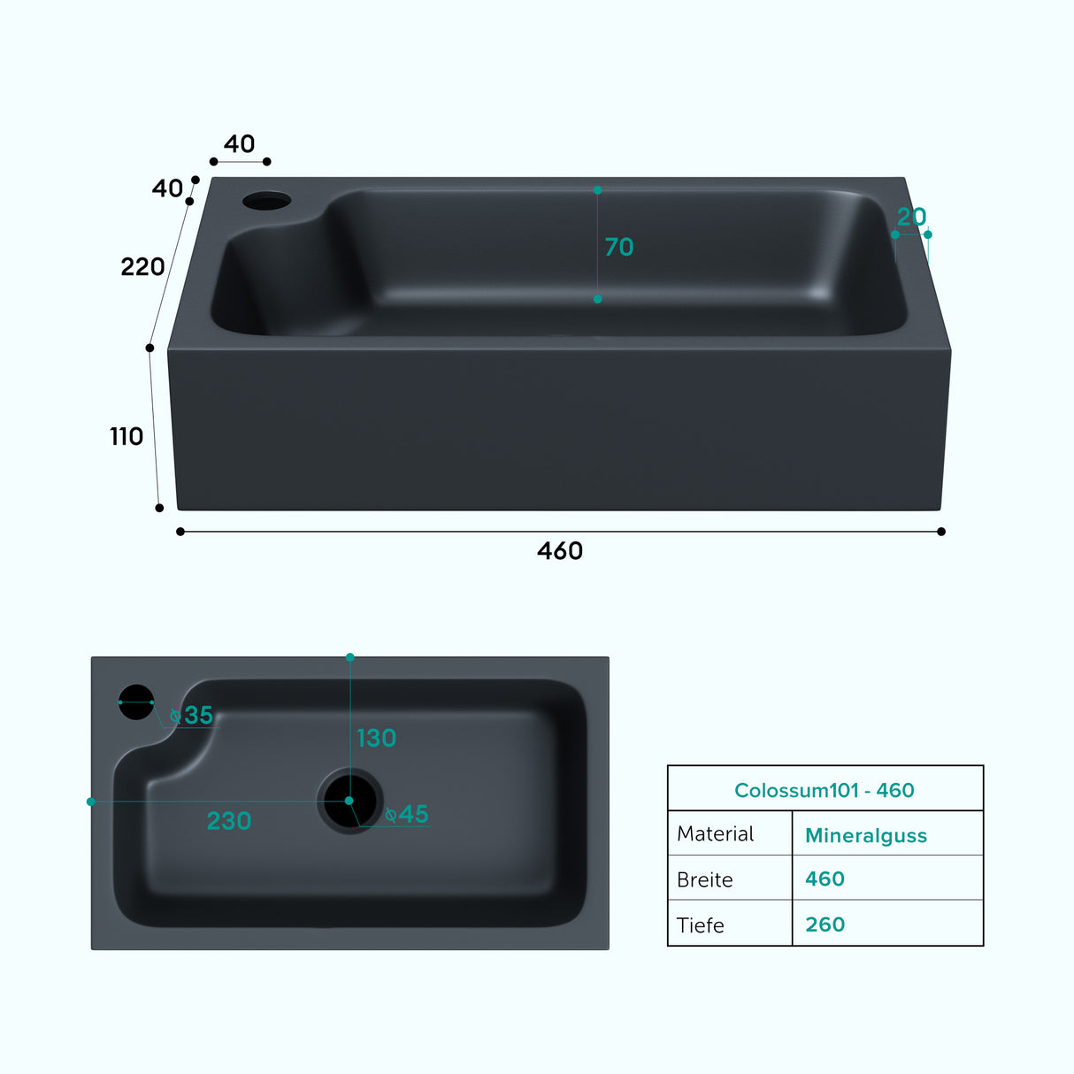 glasvilla Waschbecken Gäste WC Aufsatzwaschbecken mit Hahnloch 46x26x11cm Mineralguss Eckig Klein Waschschale Waschplatz Col101