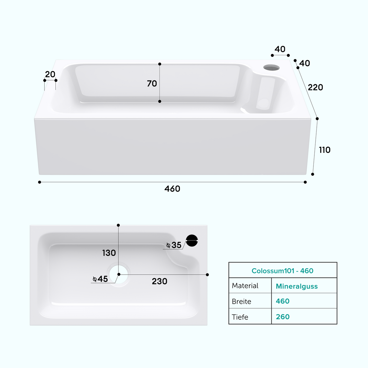 glasvilla Waschbecken Gäste WC Aufsatzwaschbecken mit Hahnloch 46x26x11cm Mineralguss Eckig Klein Waschschale Waschplatz Col101