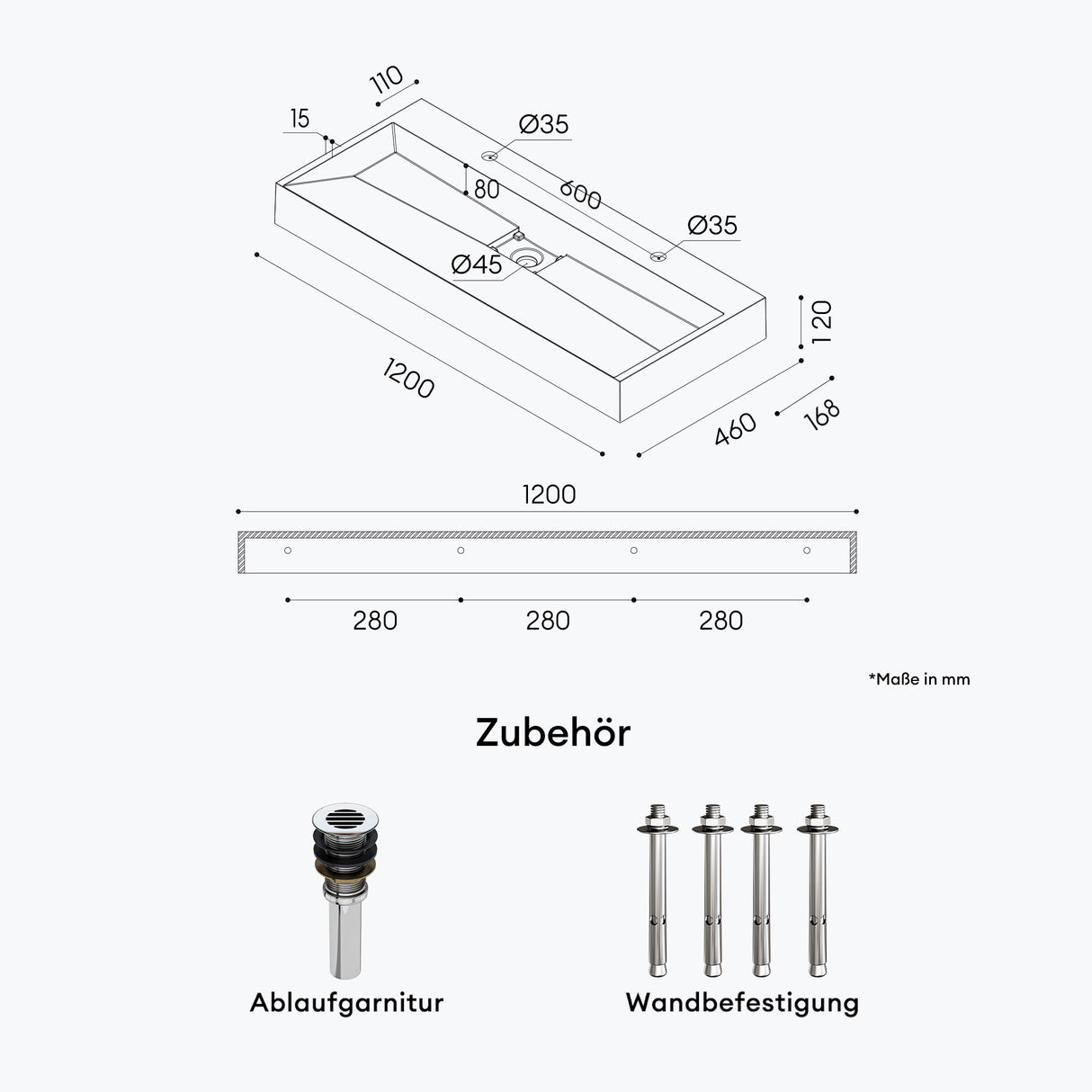 glasvilla Waschbecken Aufsatzwaschbecken Hängewaschbecken Hängewaschtisch inkl. Ablaufgarnitur Mineralguss Rechteckig Waschplatz col19