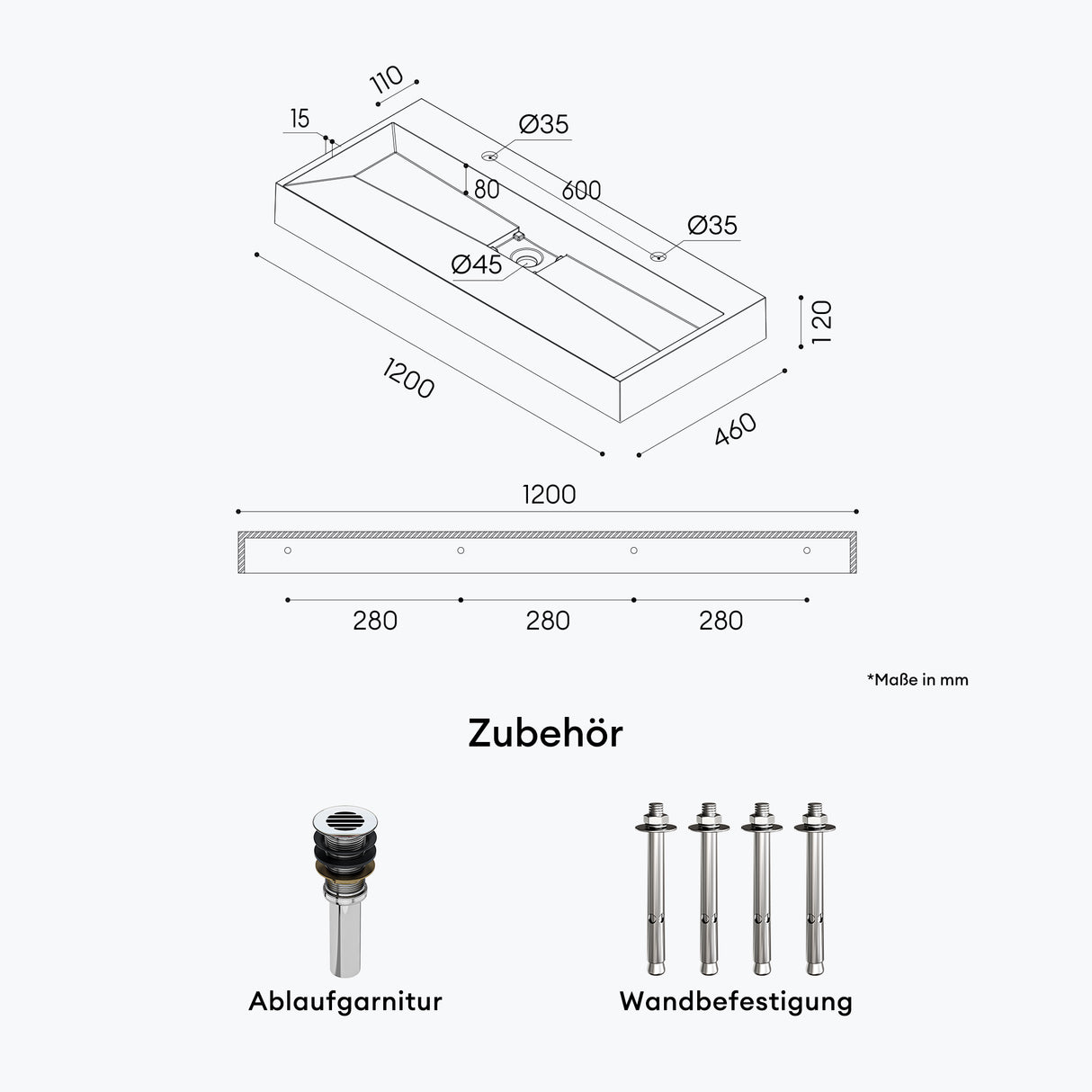 glasvilla Waschbecken Aufsatzwaschbecken Hängewaschbecken Hängewaschtisch inkl. Ablaufgarnitur Mineralguss Rechteckig Waschplatz col19