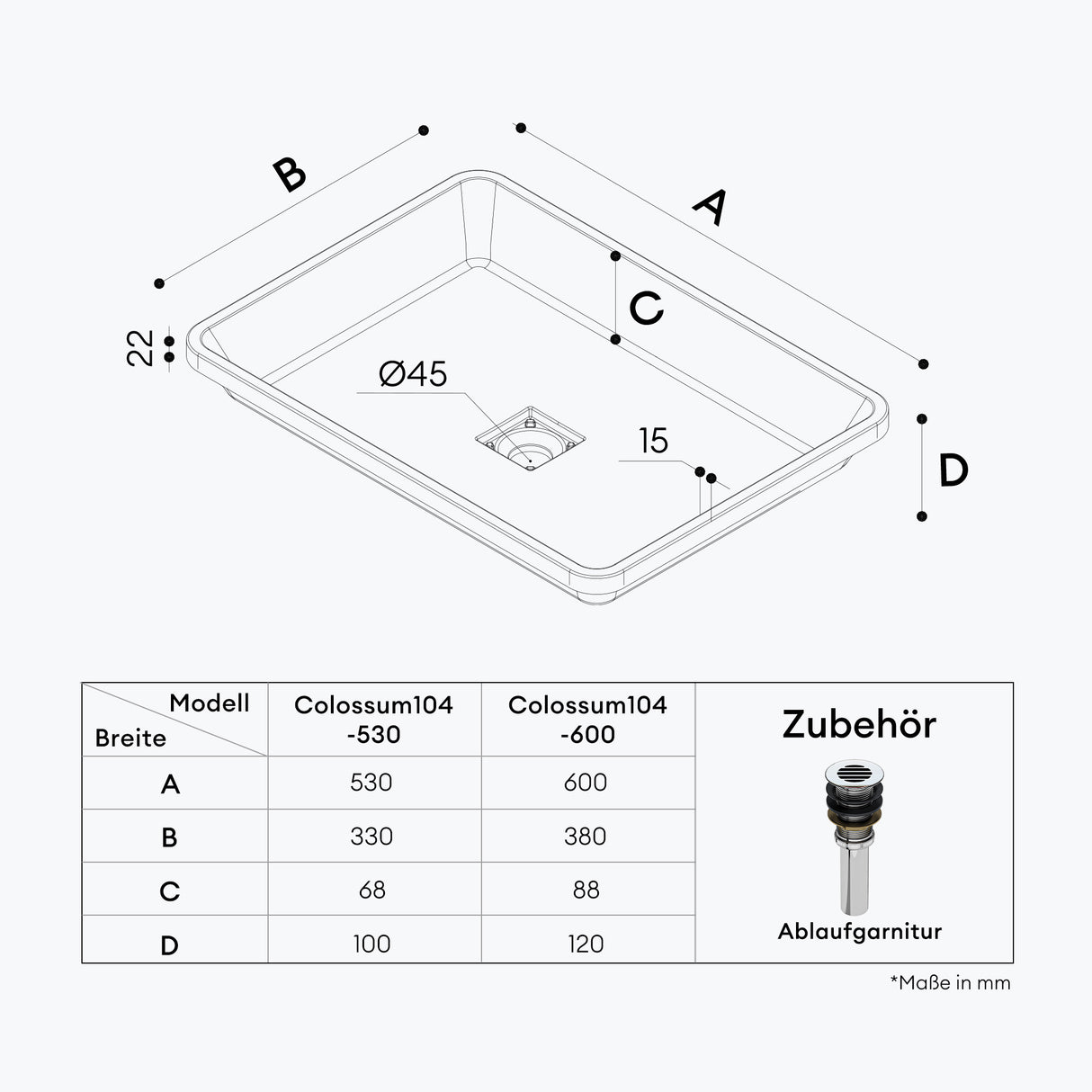 Lavabo Glasvilla, en fonte minérale, lavabo encastré avec couvercle de bonde Col104