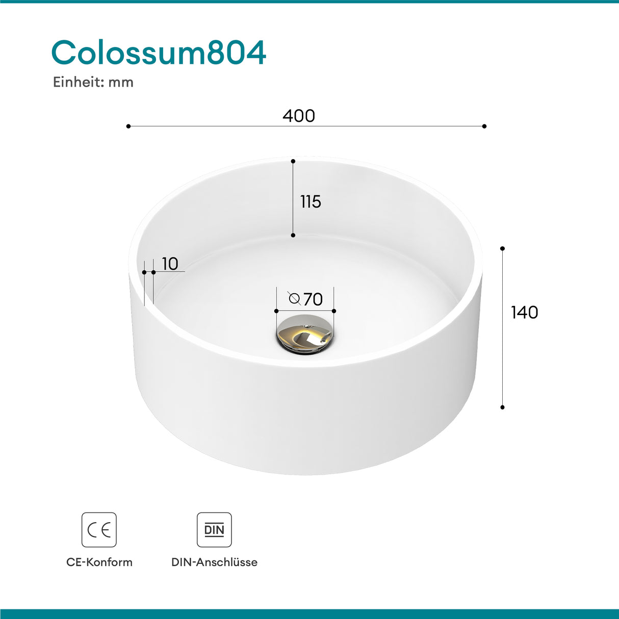 glasvilla 40x40x15cm Waschbecken rund Col804 Aufsatzwaschbecken ohne Hahnloch und Überlauf.. Col804 Moderne Optik- höchste Funktionalität