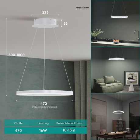 glasvilla Pendelleuchte 50cm LED Hängelampe Dynamisches Wellendesign 3000K/4000K/6000K Verstellbares Kabel 16W Hängeleuchte für Esszimmer Wohnzimmer Schlafzimme Alivetta7287(Luvina06))