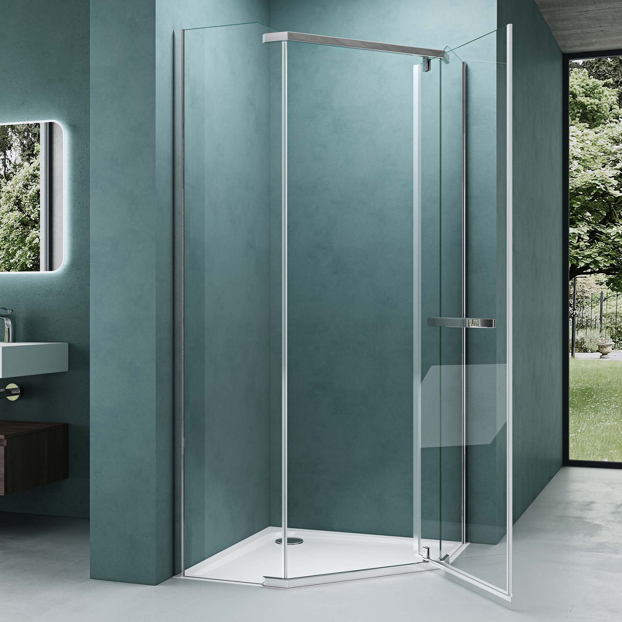 glasvilla Fünfeck-Duschkabine mit Duschtasse Duschwand Echtglas ebenerdige Montage möglich 8mm ESG Dusche Ravenna08
