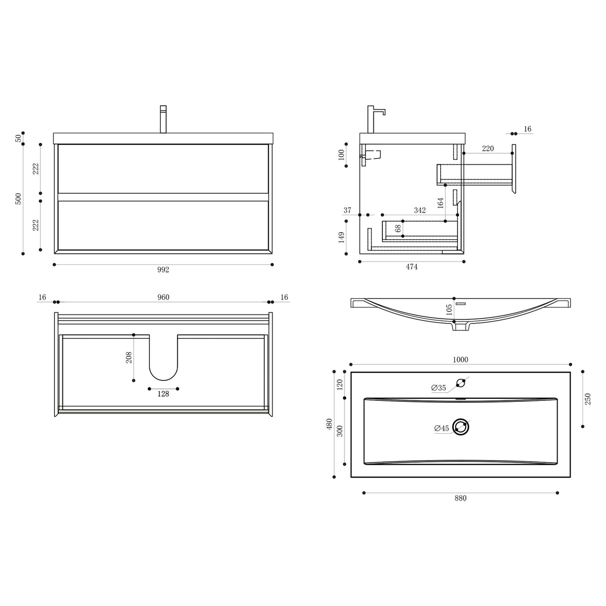 glasvilla Badmöbelset Badezimmermöbel Waschbeckenunterschrank 2 Schubladen mit Soft-Close inkl. Waschbecken in Weiß aus Mineralguss Rimo