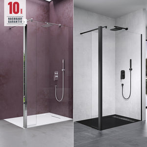 glasvilla Walk-In Duschwand para ducha Duschabtrennung 10mm Klarglas con 30cm Nebenteil ESG-Sicherheitsglas con Nanobeschichtung estabilizador redondo y rectangular Bremen02K-Plus