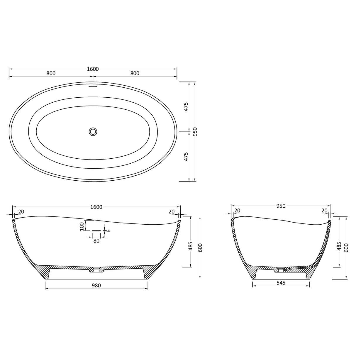 glasvilla Freistehende Badewanne Weiß matt Mineralguss Standbadewanne inkl. Nano-Versiegelung