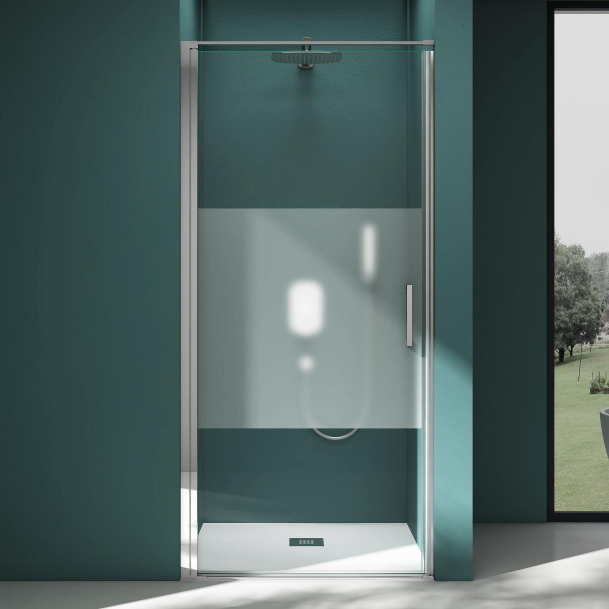 glasvilla Duschtür Nischentür dusche Duschabtrennung Chrom und Schwarz Duschkabine Schwingtür 8mm ESG-Sicherheitsglas mit Nanobeschichtung Hebe-Senk-Mechanismus Klarglas und Milchglas Streifen Teramo36K