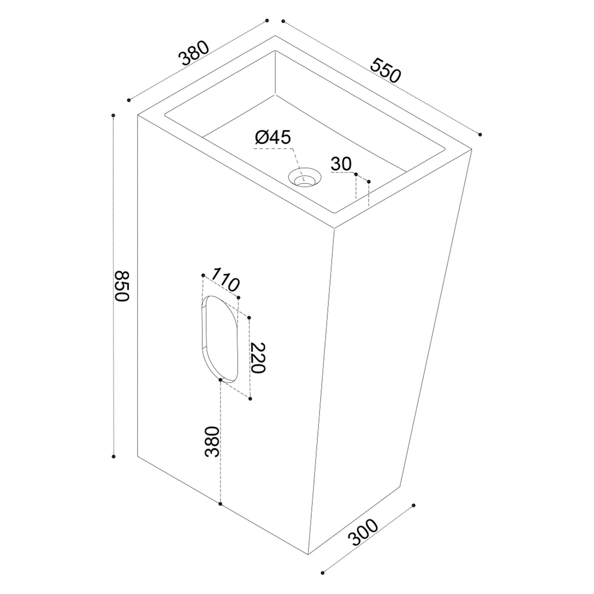 glasvilla Design Standwaschbecken freistehend Col38 weiß, aus Mineralguss, Waschtisch, BTH: 60x42x90cm