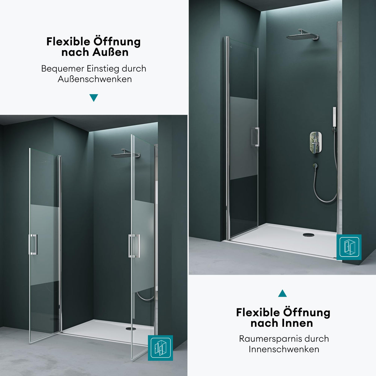 glasvilla Duschtür Nischentür dusche Duschabtrennung Duschkabine Schwingtür 180° Doppeltür 6mm ESG Nano-Beschichtung Klarglas/Satiniert Streifen/Vollsatiniert mit Hebe- und Senkmechanismus Teramo24K+MS+VS