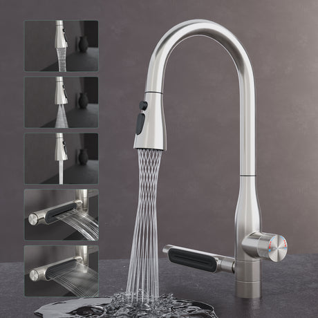 Grifo de Cocina Glasvilla Turnix-03 Acero Inoxidable con Chorro Cascada y Ducha Extraíble 360°