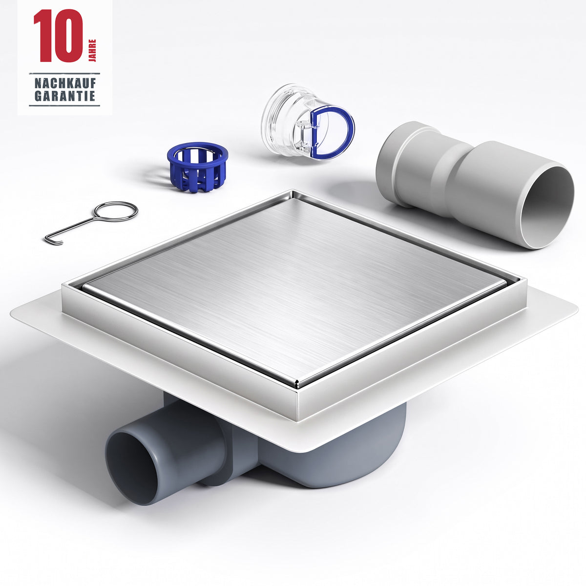 glasvilla Bodenablauf Duschablauf Edelstahl, Duschrinne quadratisch 15x15cm Duschabfluss befliesbar mit Geruchsverschluss, Haarsieb, 360°-Drehadapter, Chrom gebürstet, für Bad Dusche Balkon, KYE113-150