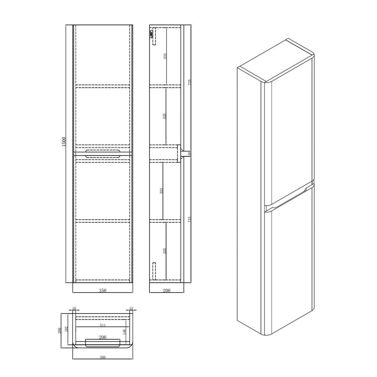 glasvilla Seitenschrank Badezimmerschrank mit 2 Türen und 4 Fächern BxT: 35x20 cm Hochschrank Badregal Allzweckschrank Lucca