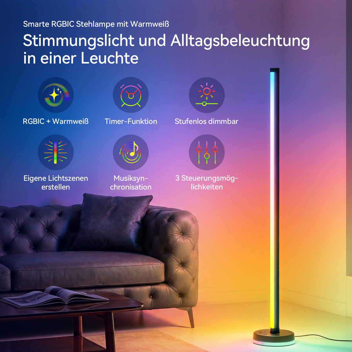 glasvilla Stehlampe Wohnzimmer Dimmbar, RGBICWW Stehlampe mit reinem Warmweiß & 16 Millionen Farben, App & Fernbedienung, Musik-Sync, 270° Licht, Timer, für Schlafzimmer Gaming, Lineora-01