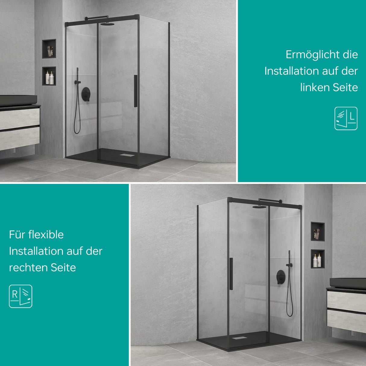 glasvilla Duschkabine Schiebetür 6mm ESG-Sicherheitsglas Duschabtrennung Soft-Close-Mechanismus Seitenanstieg Ravenna12K Schwarz