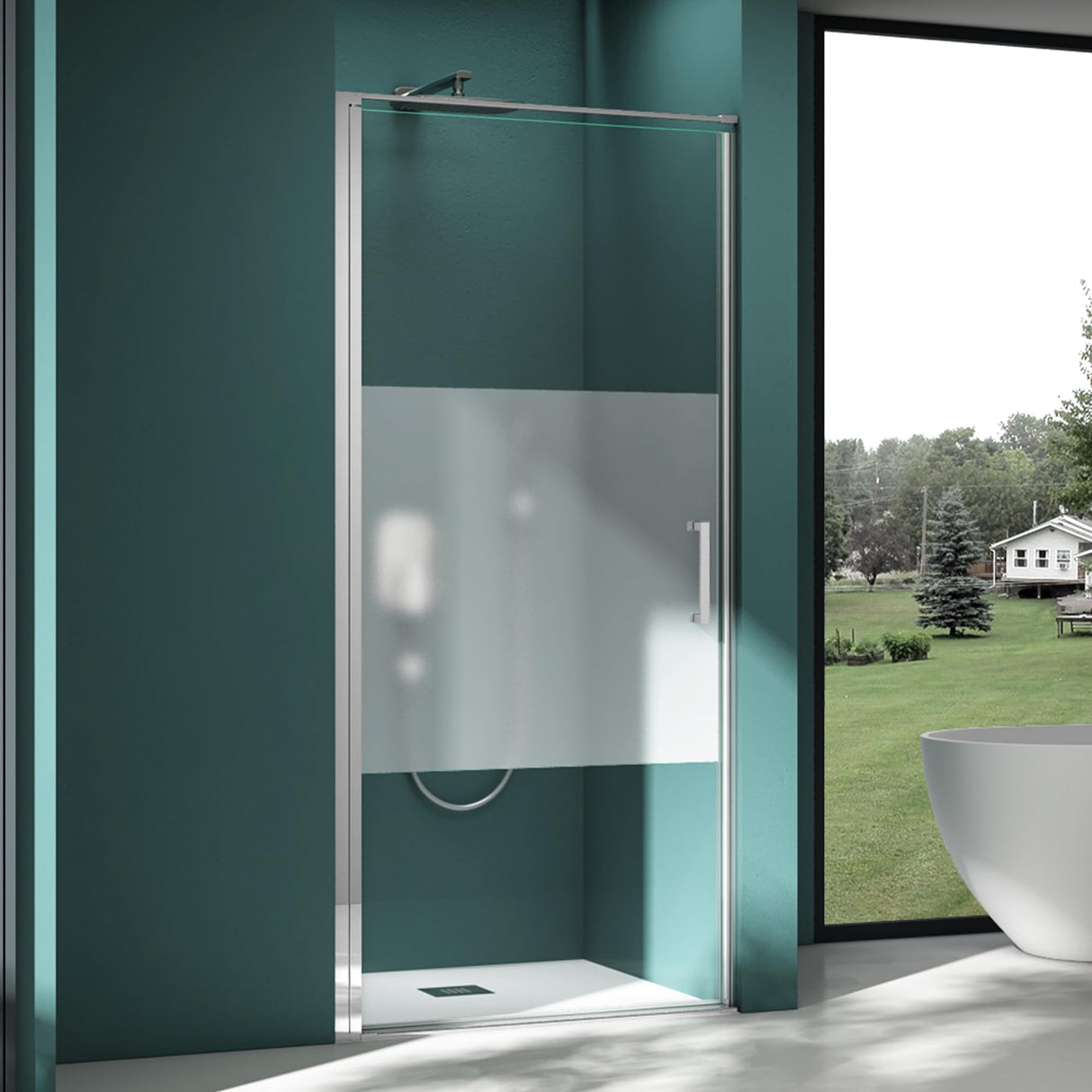 glasvilla Duschtür Nischentür dusche Duschabtrennung Chrom und Schwarz Duschkabine Schwingtür 8mm ESG-Sicherheitsglas mit Nanobeschichtung Hebe-Senk-Mechanismus Klarglas und Milchglas Streifen Teramo36K