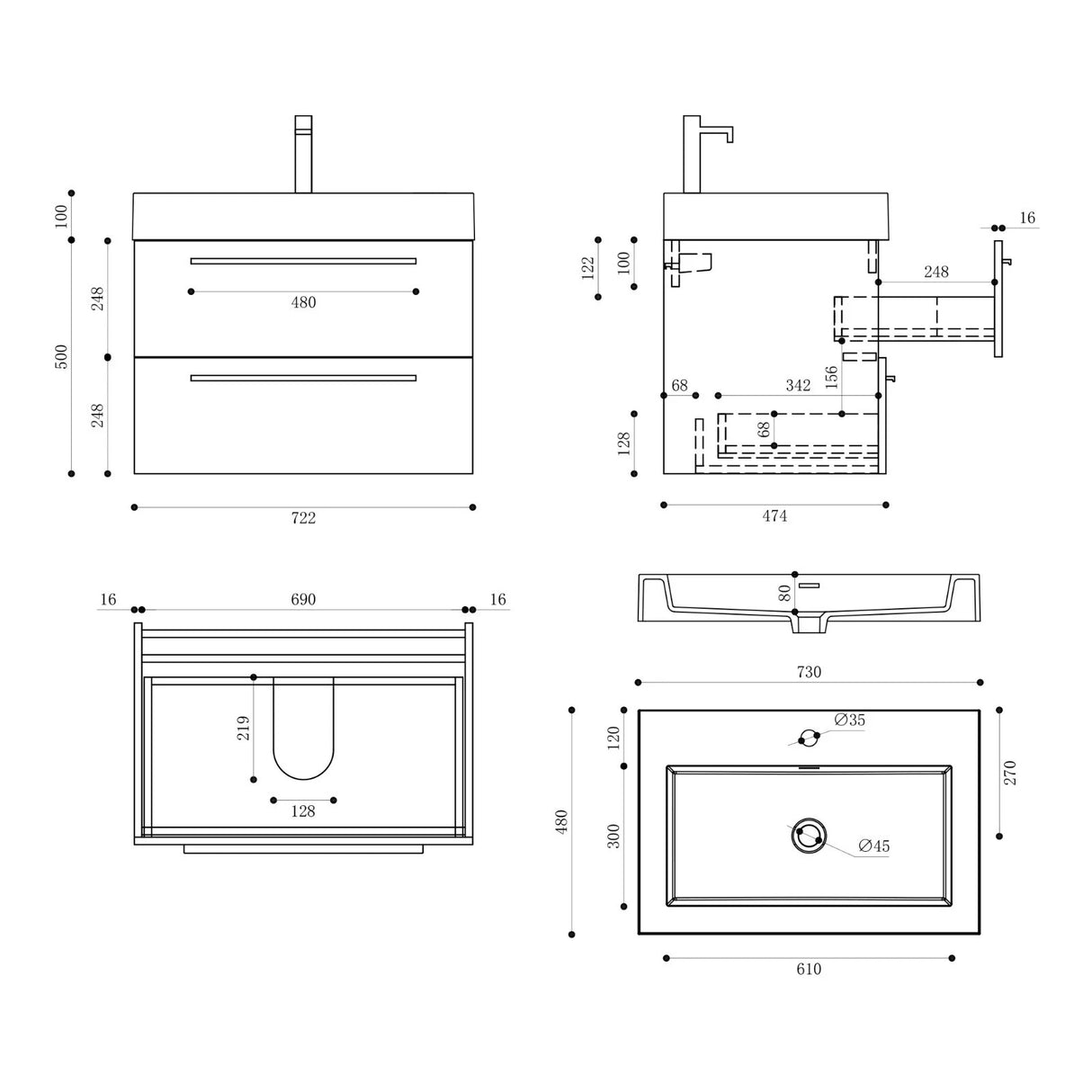 glasvilla Badmöbel-Set Waschbeckenunterschrank Waschtisch mit Unterschrank inkl. Mineralguss-Waschbecken in Anthrazit Quadratto