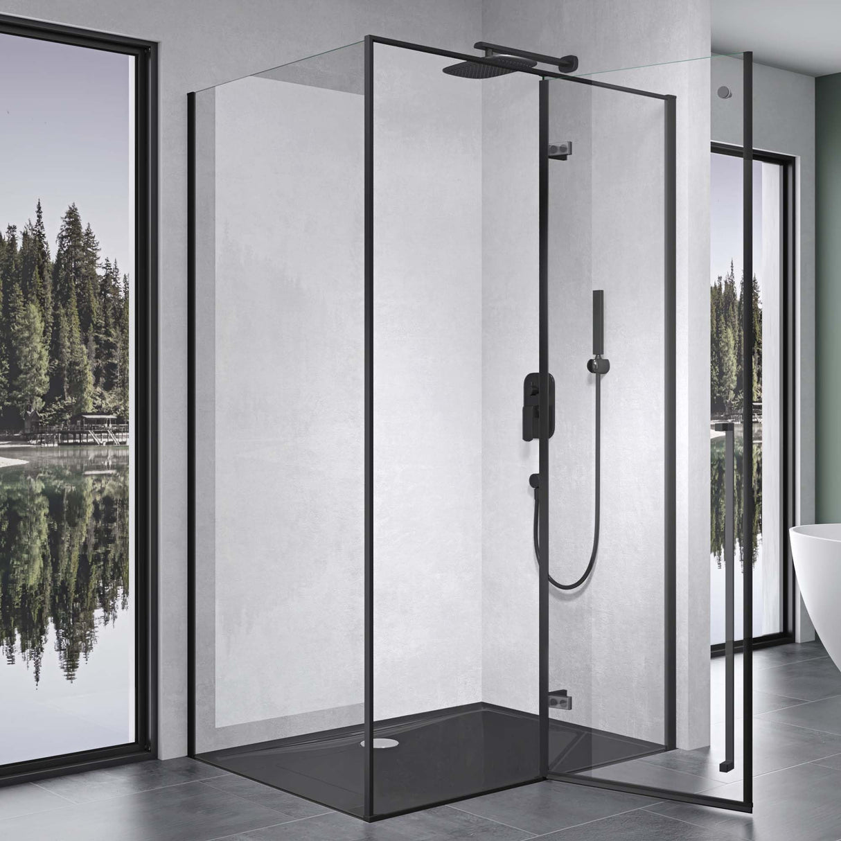 glasvilla Duschkabine Duschabtrennung 6mm ESG inkl. NANO-Beschichtung in Klarglas mit Handtuchhaken Rav64K Schwarz