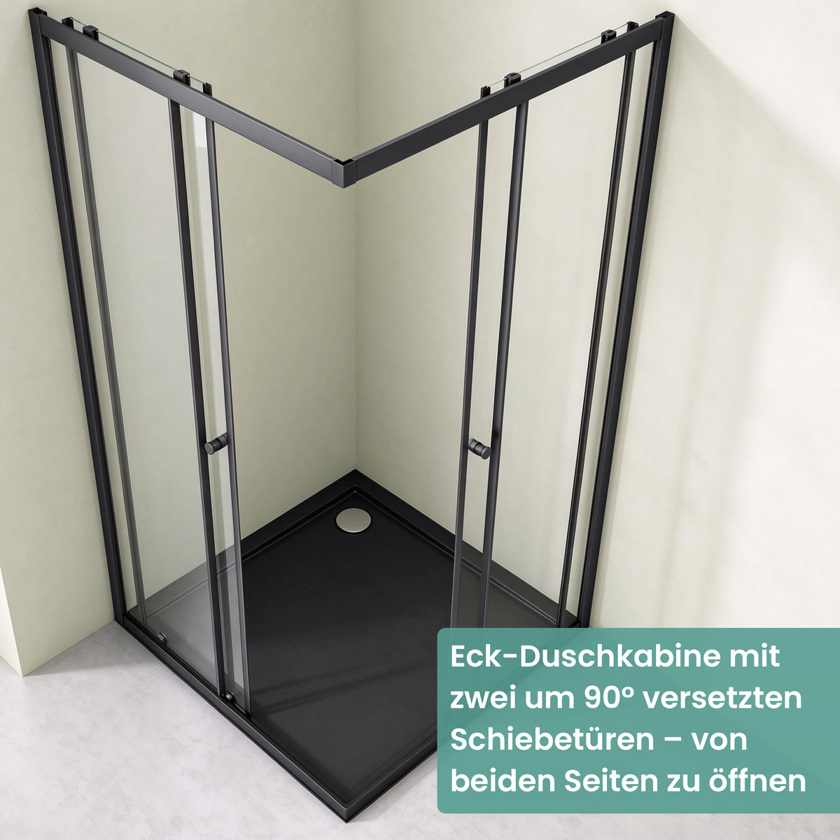 glasvilla Duschkabine mit Doppel-Schiebetür Duschtür Eckeinstieg Echtglas Lotuseffekt 6mm ESG-Sicherheitsglas Ravenna16K Schwarz