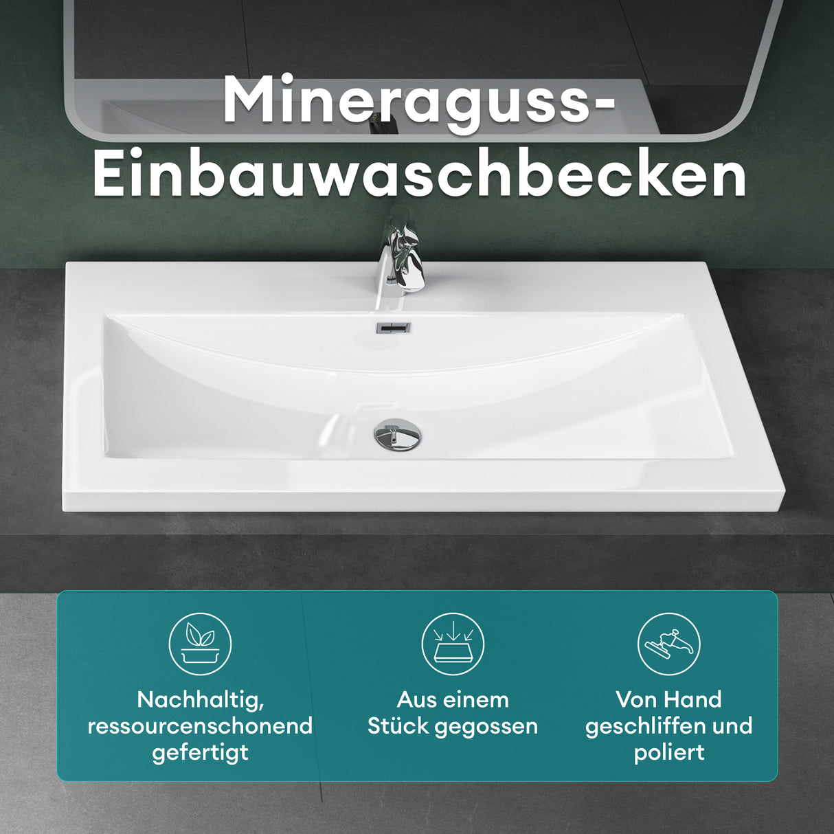 glasvilla Waschbecken Einbauwaschbecken Waschschale Waschtisch Mineralguss Rechteckig 1 Armaturenloch Überlauf-Funktion Col01