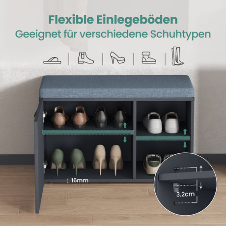 Glasvilla Zitta-01 – Banco zapatero con asiento acolchado, puertas correderas y estantes ajustables (80×37×50 cm)