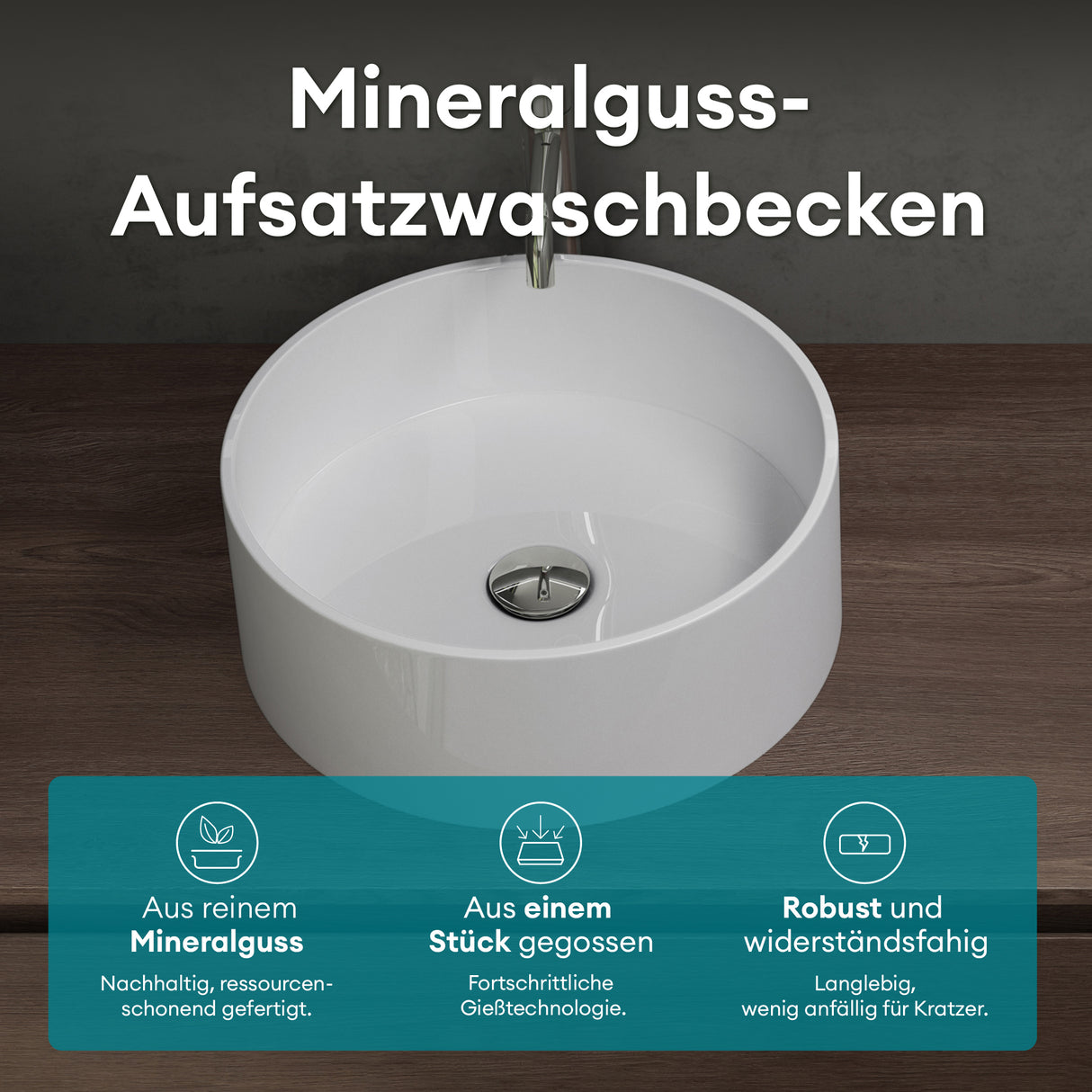 glasvilla 40x40x15cm Waschbecken rund Col804 Aufsatzwaschbecken ohne Hahnloch und Überlauf.. Col804 Moderne Optik- höchste Funktionalität