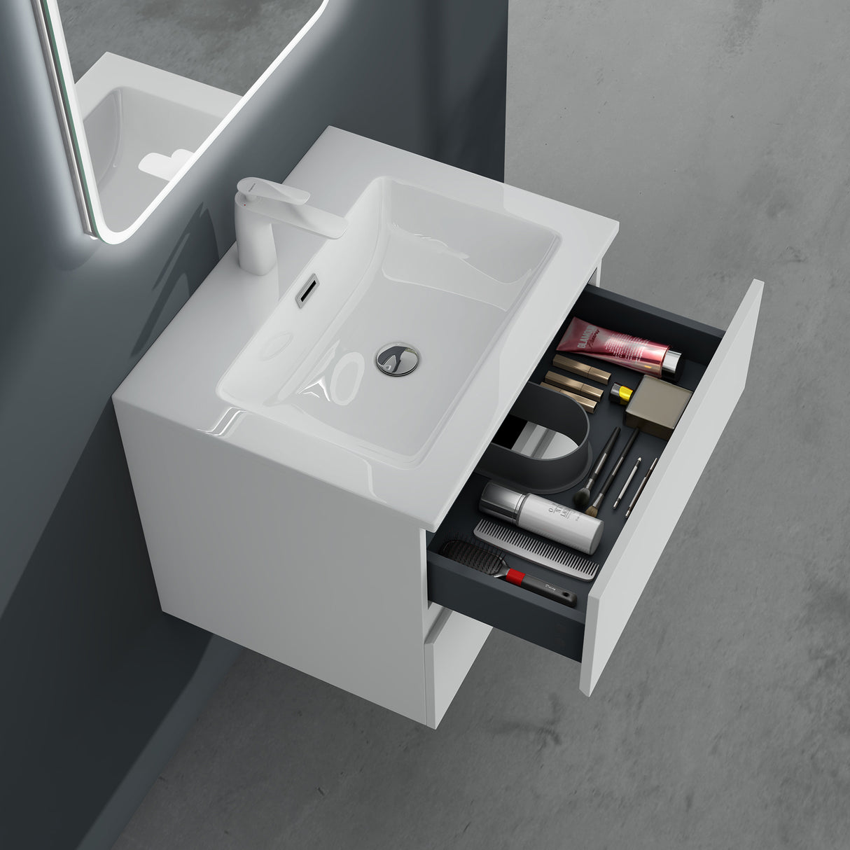 glasvilla Badmöbel-Set Waschtisch mit Unterschrank Mineralguss Waschbecken Waschbeckenunterschrank  2-Schubladen Soft-Close Aqualis