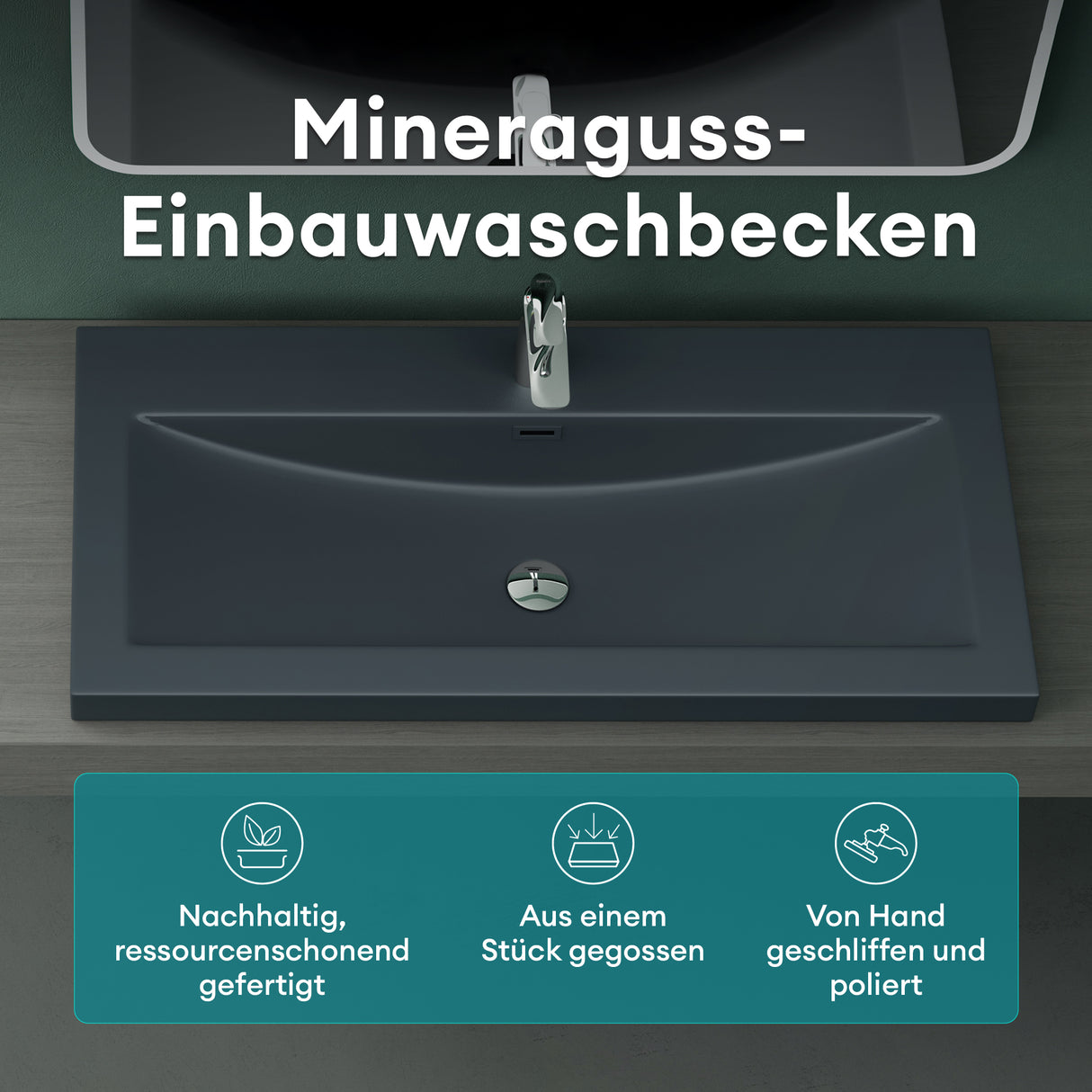 glasvilla Waschbecken Einbauwaschbecken Waschschale Waschtisch Mineralguss Rechteckig 1 Armaturenloch Überlauf-Funktion Col01
