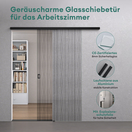 glasvilla Glasschiebetür komplettset Zimmertür Matt Schwarz 8mm ESG-Sicherheitsglas, Schiebetür Glas schwarz gebürstet mit Laufschiene aus Aluminium Muranino-001