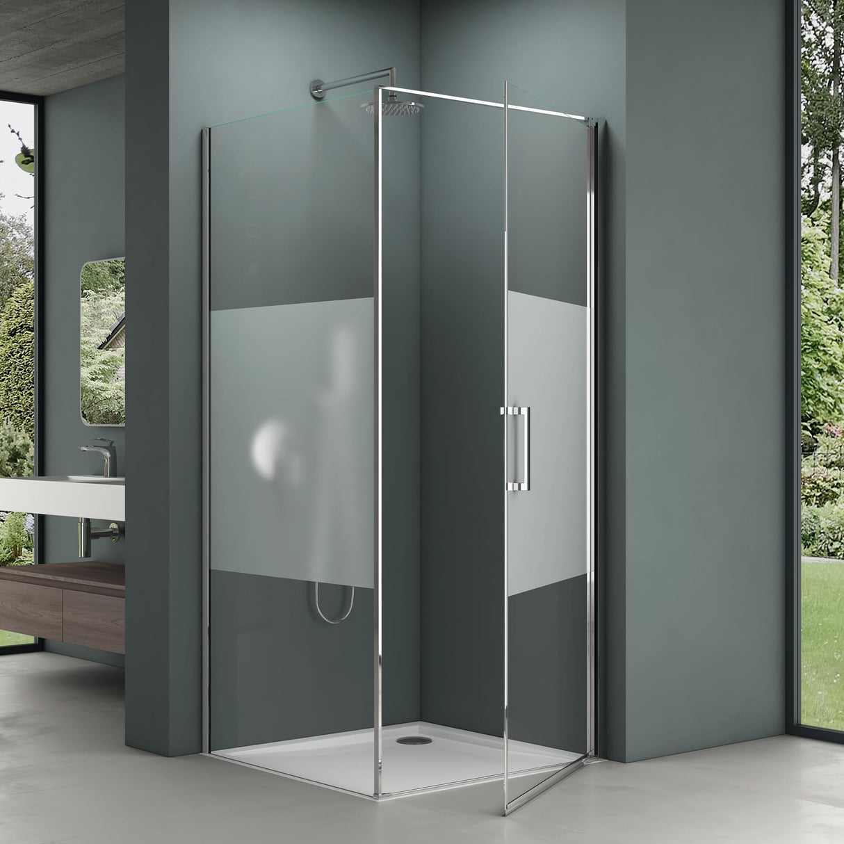 glasvilla Duschkabine Hebe-Senk-Mechanismus Milchglas Streifen 8mm ESG-Sicherheitsglas Nano-Beschichtung Rav36MS-Plus