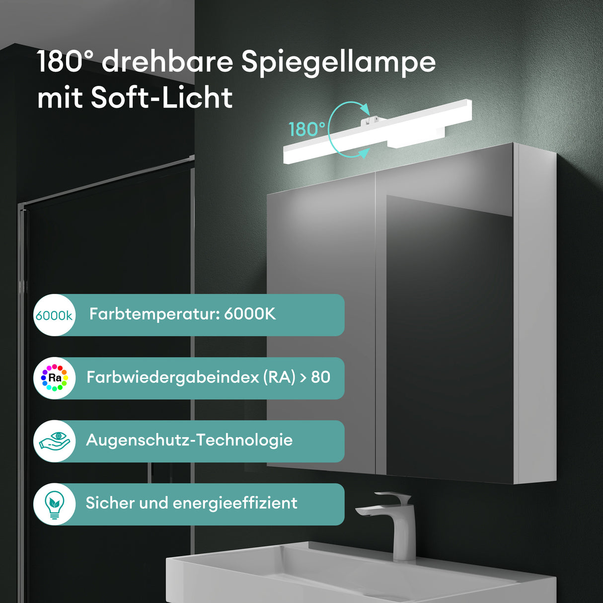 glasvilla Spiegelschrank Bad mit Beleuchtung Badschrank mit SpiegellampeSpiegelleuchte 180° Drehbar LED Badlampe Luxaris