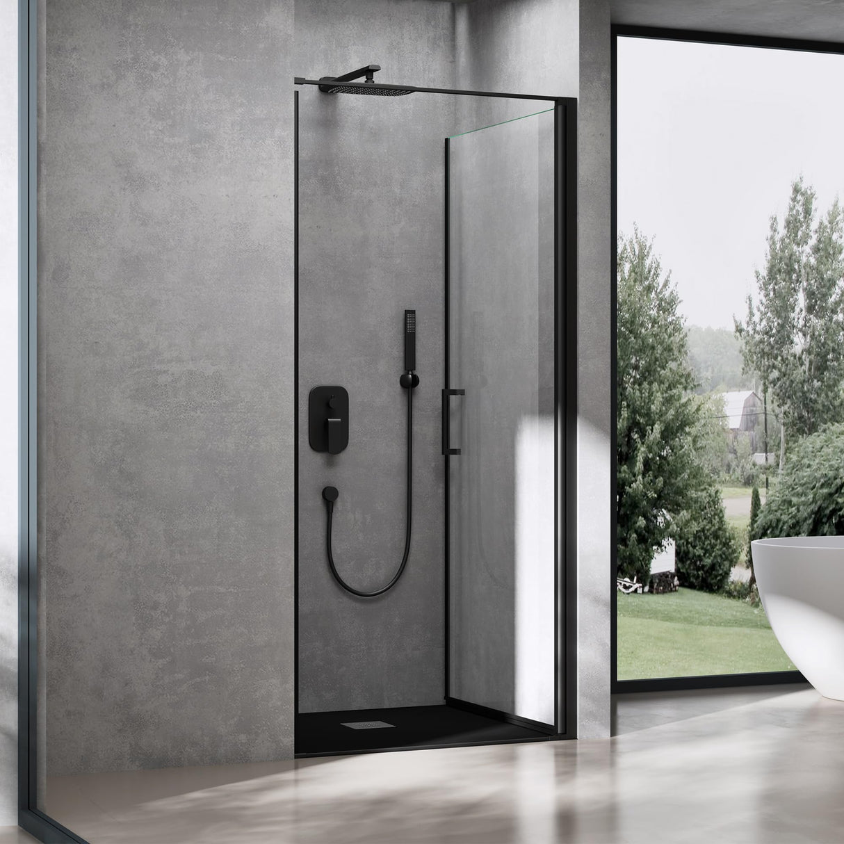 glasvilla Duschtür Nischentür dusche Duschabtrennung Chrom und Schwarz Duschkabine Schwingtür 8mm ESG-Sicherheitsglas mit Nanobeschichtung Hebe-Senk-Mechanismus Klarglas und Milchglas Streifen Teramo36K