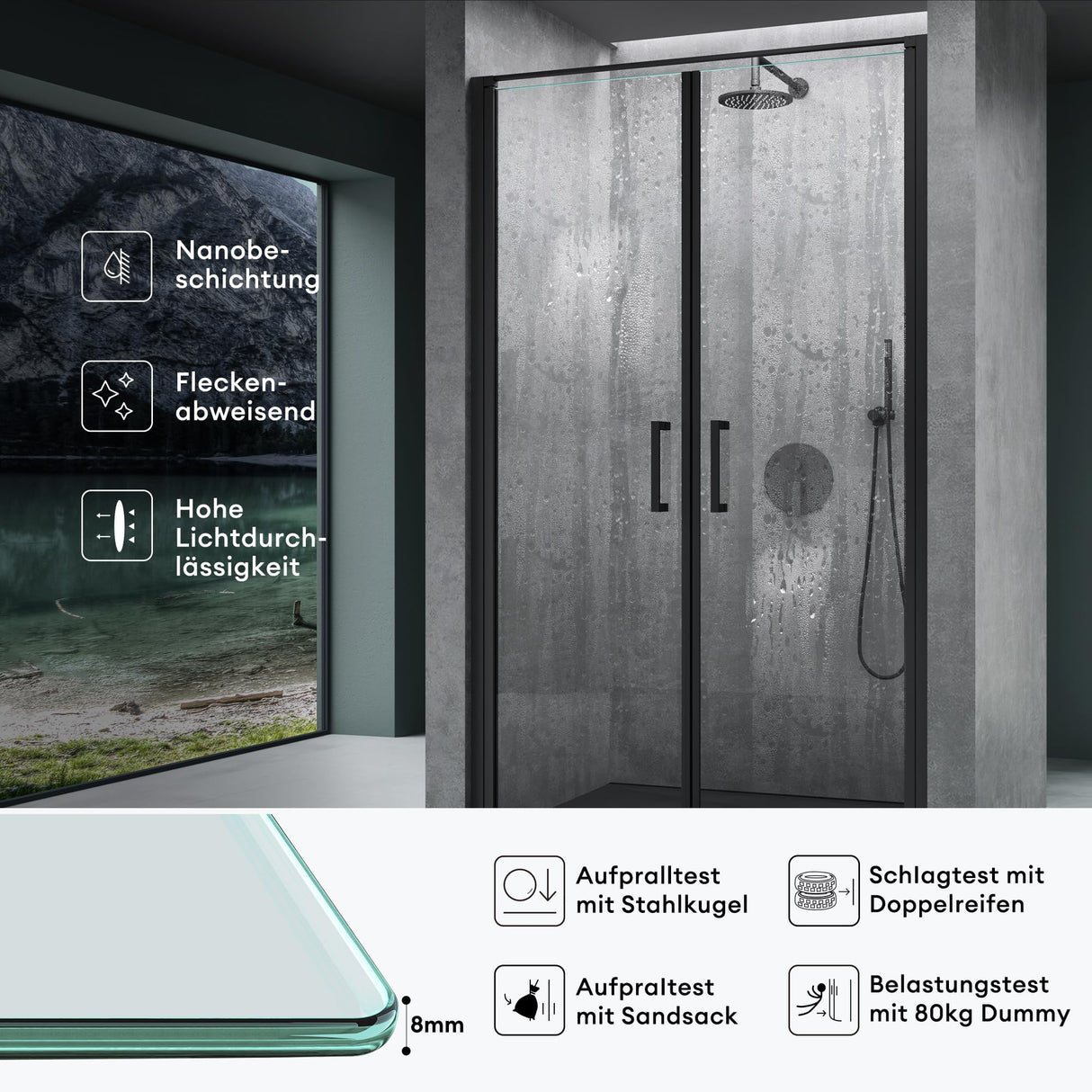glasvilla Duschtür Nischentür dusche Duschabtrennung Chrom und Schwarz Duschkabine Schwingtür 180° Doppeltür 8mm ESG Nano-Beschichtung Klarglas mit Hebe- und Senkmechanismus Teramo66