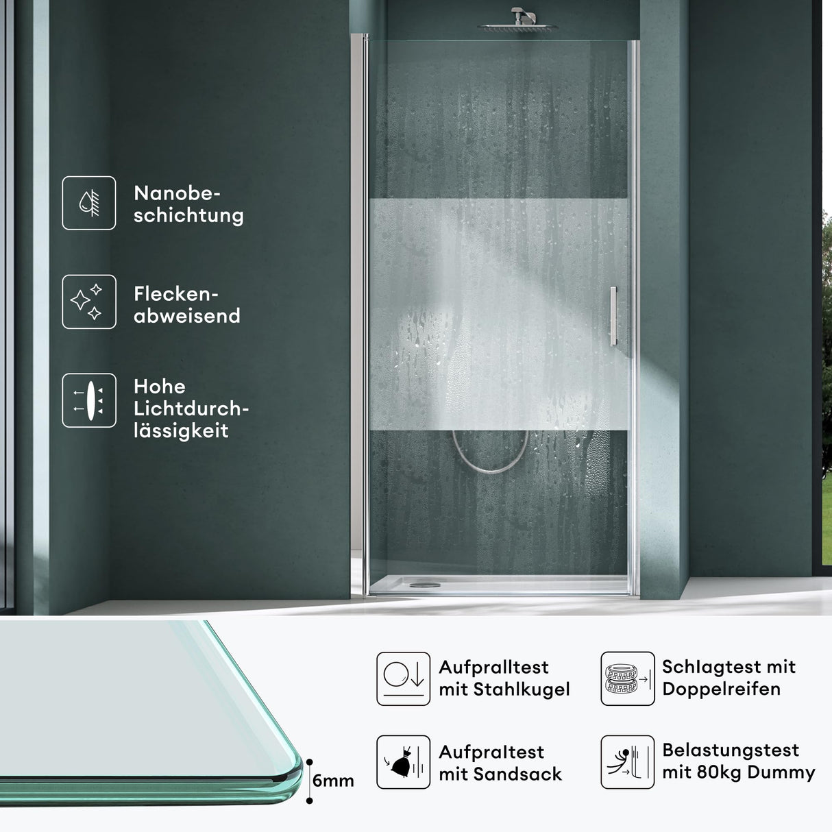 glasvilla Duschtür Nischentür Dusche Duschabtrennung Duschkabine Schwingtür 180° ESG-Sicherheitsglas mit Hebe- und Senkmechanismus Klarglas und Satiniert Streifen Teramo24K+MS D Neu