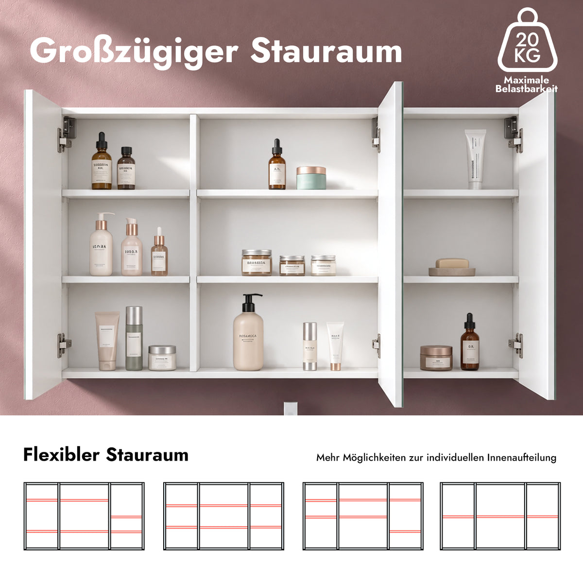 glasvilla Spiegelschrank mit Spielgeltüren Badezimmerschrank Hängeschrank Badezimmerspiegel Spiegelschrank-02