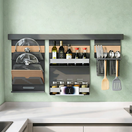 glasvilla -Stöckiges Gewürzregal Küche mit Handyhalter und Utensilientöpfe inkl. 5 Haken, Multifunktional Küchenregal abnehmbar mit Schiene , Küchen Organizer Reglo-09-12