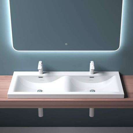 glasvilla Waschbecken Einbauwaschbecken Waschtisch 2 Becken Mineralguss rechteckig 2 Armaturenlöcher Überlauffunktion Col03